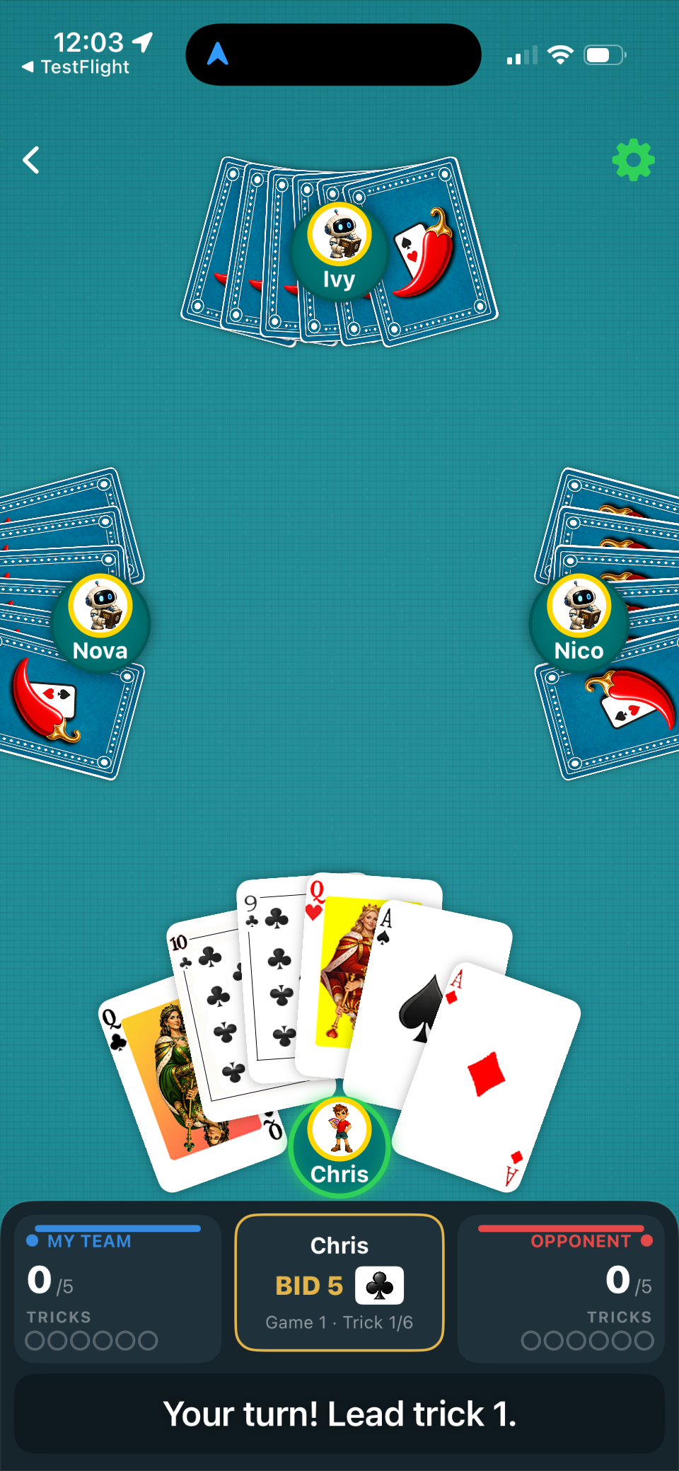 A hand of six cards at the start of a trick
